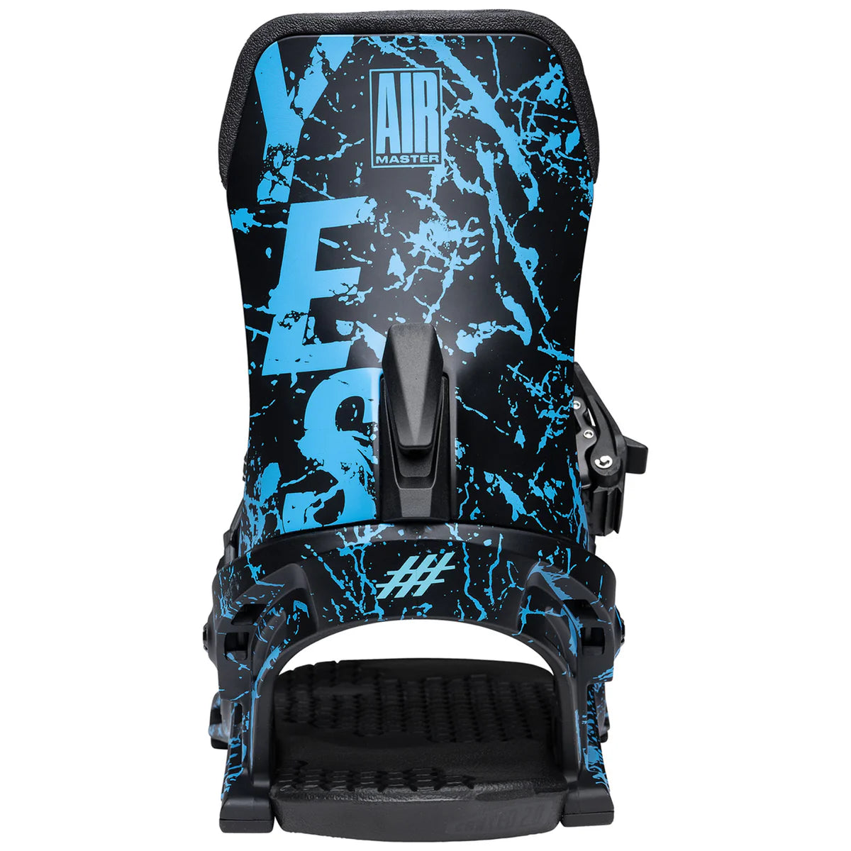 Yes Airmaster snowboard bindings in blue, designed for snowboarding, mounted on a snowboard with a focus on binding details and color.