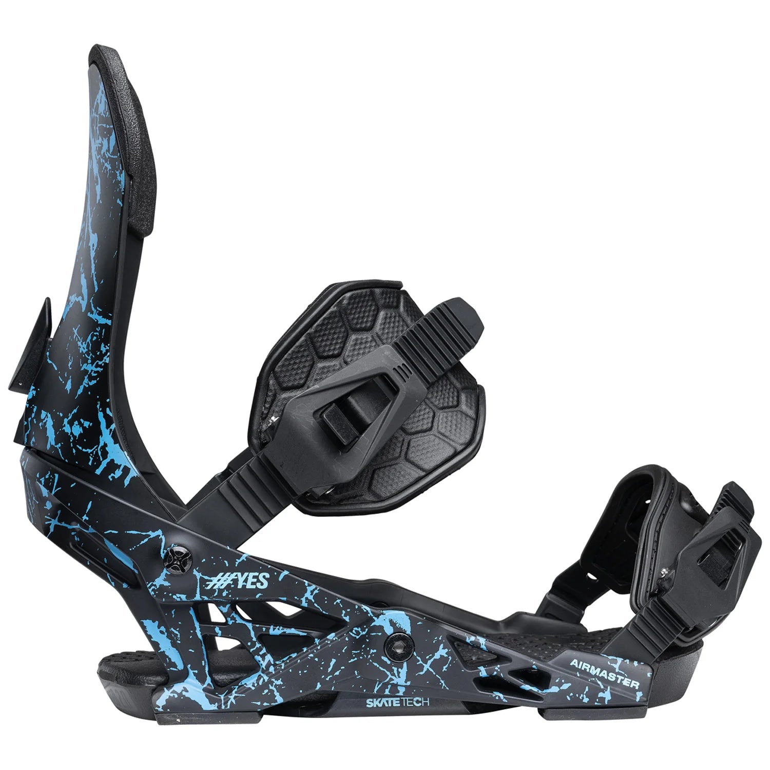 Yes Airmaster Snowboard Bindings 2026 mounted on a snowboard, showcasing the side view and design details of these high-performance snow bindings.
