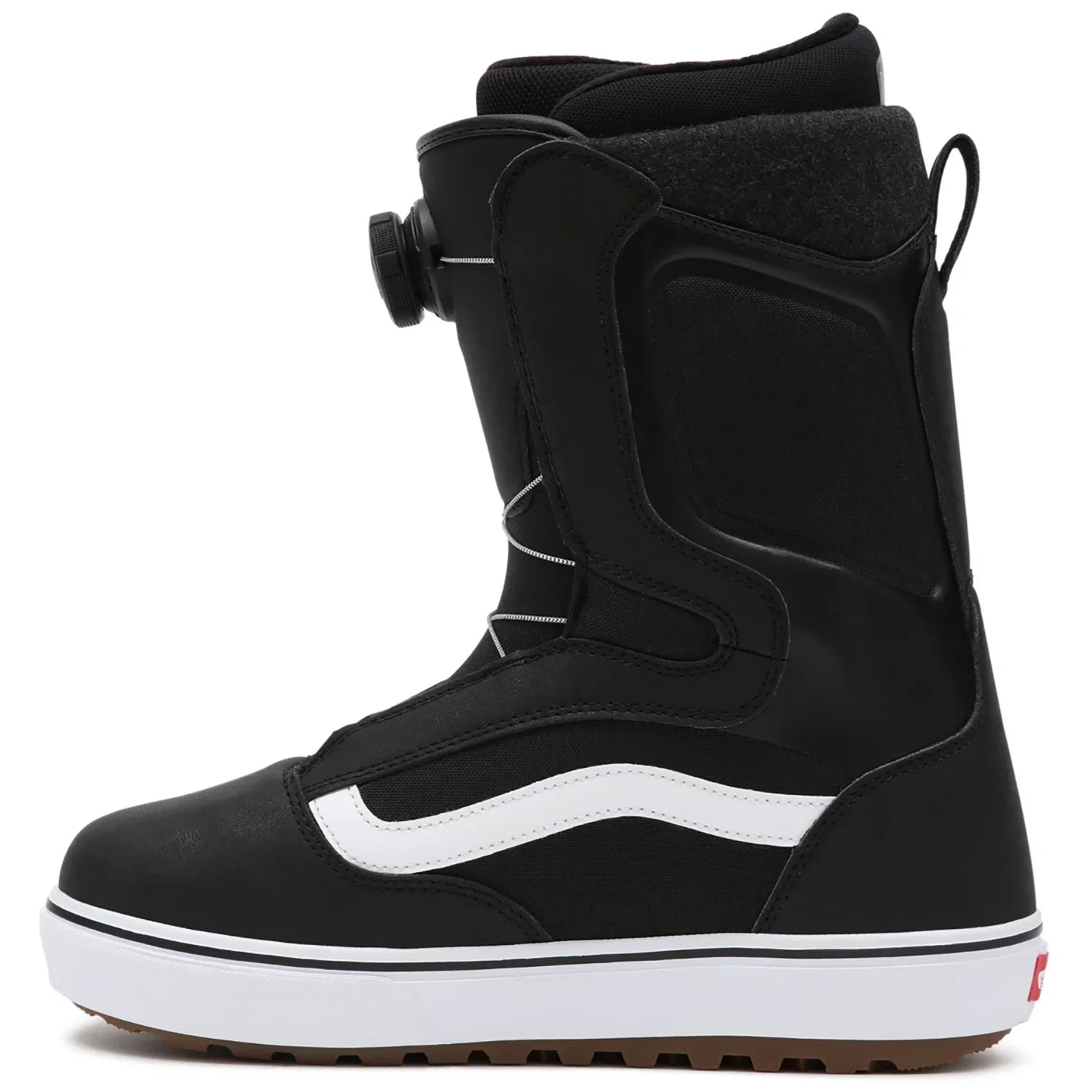 Vans Aura OG snowboard boot in black and white with padded design and lacing system, suitable for winter snowboarding.