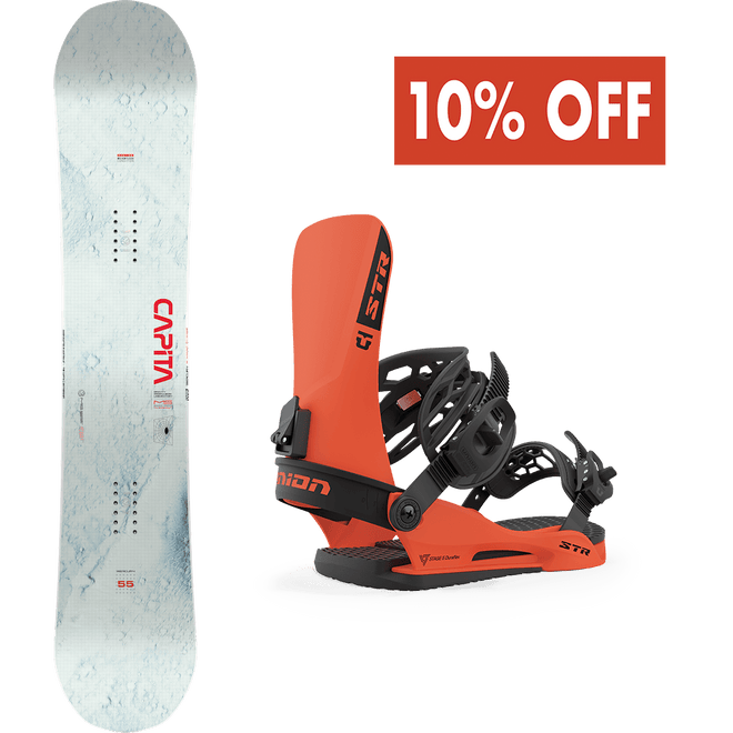 The Capita Mercury Snowboard and the Union STR Snowboard Binding Package in Orange
