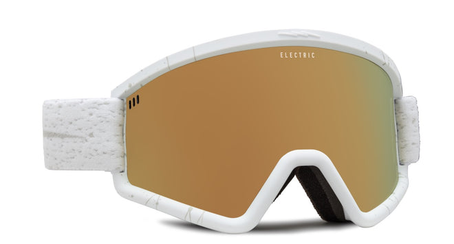 Electric Hex Snow Goggle in the Matte Speckled White Frames with a Gold Chrome Lens and a Yellow Bonus Lens 2023