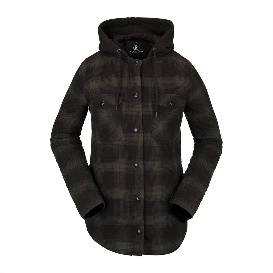 2022 Volcom Womens Hooded Flannel Jacket in Black Green
