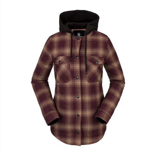 2022 Volcom Womens Hooded Flannel Jacket in Merlot - M I L O S P O R T