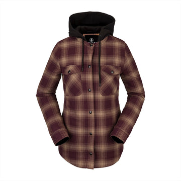 2022 Volcom Womens Hooded Flannel Jacket in Merlot