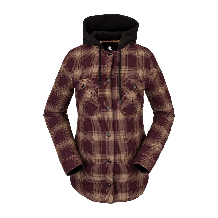 2022 Volcom Womens Hooded Flannel Jacket in Merlot