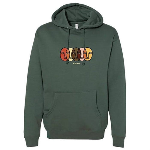 Autumn Faces Pullover Hoodie in Forest Green