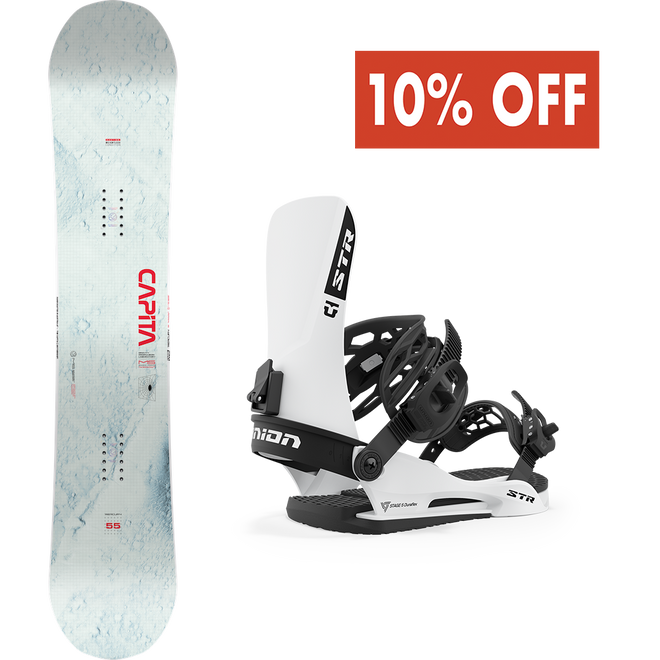 The Capita Mercury Snowboard and the Union STR Snowboard Binding Package in White