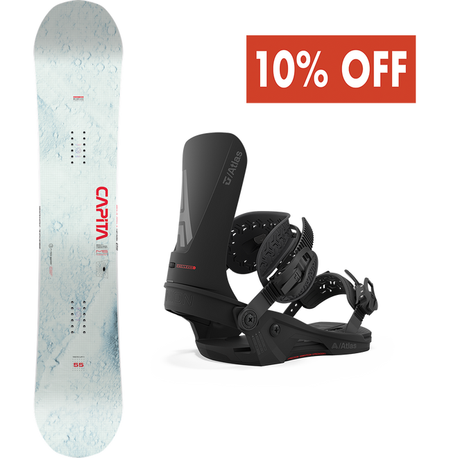 The Capita Mercury Snowboard and the Union Atlas Snowboard Binding Package in Black