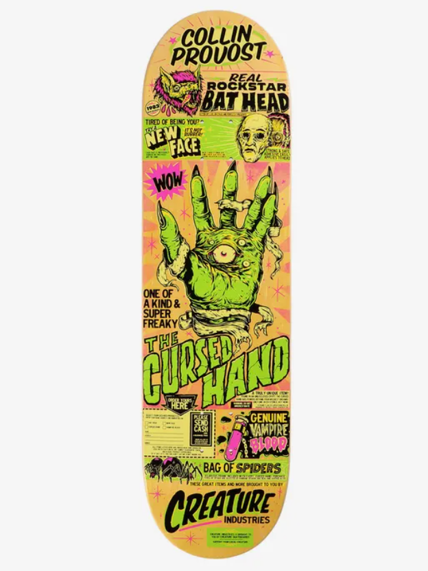 Creature Provost Cursed Hand skateboard deck in 8.47 inches, featuring detailed hand artwork and bold graphics.