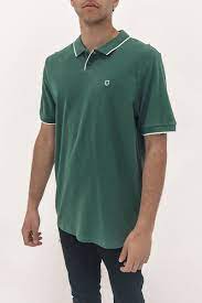 Brixton Proper SS Polo Knit Shirt in Dark Forest and Off White