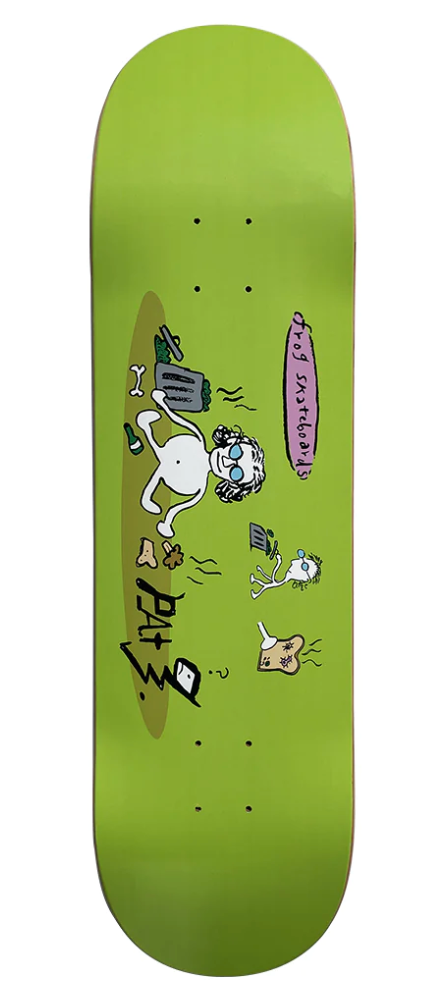 Green Frog Skateboards Garbage Eater Pat G skateboard deck, 8.25 inches wide, featuring colorful graphic design.