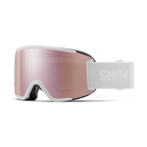 Smith Squad S Snow Goggle in White Vapor frames with a ChromaPop Everyday Rose Gold Mirror Lens and a Clear Bonus Lens 2023