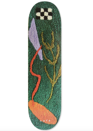 Dark teal Skate Cafe April skateboard in 8.5-inch size, featuring a sleek skateboarding deck with graphic design.