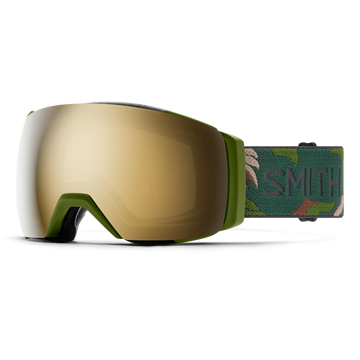 Smith I/O MAG XL Snow Goggle in Olive Plant Camo frames with a ChromaPop Sun Black Gold Mirror Lens and a ChromaPop Storm Blue Sensor Mirror Bonus Lens 2023